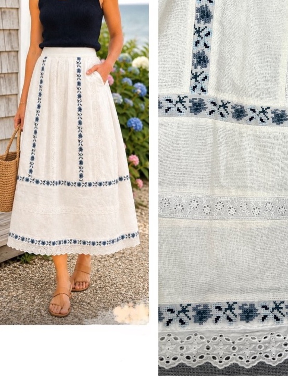 Caroline Constas linen embroidered lace midi skirt cream blue size L